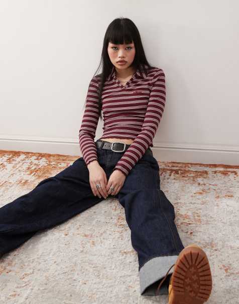 Reclaimed Vintage - Polo a maniche lunghe bordeaux a righe con bottoni - view 1