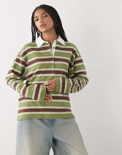 Reclaimed Vintage - Polo a maniche lunghe stile rugby verde e marrone a righe - view 1