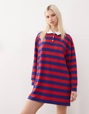 Reclaimed Vintage Reclaimed Vintage polo collar mini dress in stripe-Navy