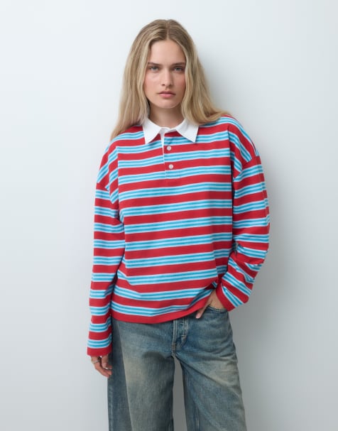 Reclaimed Vintage - polo de rugby de manga larga a rayas en rojo y azul - view 1