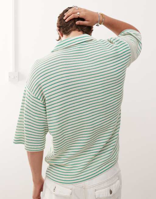 Reclaimed Vintage - Polo de vacances rayé en crochet à manches courtes - Vert et écru, 4 de 4
