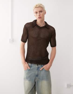 Reclaimed Vintage - Polo en maille ajourée - Marron chocolat