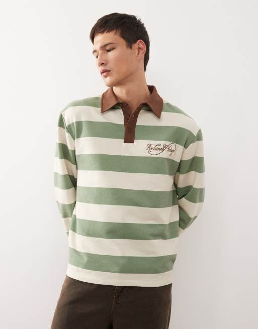 Reclaimed Vintage - Polo stile rugby verde e crema a righe