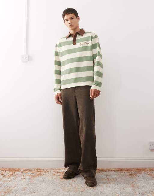 Reclaimed Vintage - Polo style rugby à rayures - Vert et crème, 2 de 5
