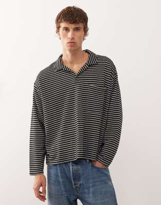 Reclaimed Vintage - Polo texturé manches longues à rayures - Noir et blanc
