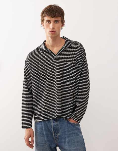 Reclaimed Vintage - Poloshirt met strepen, textuur en lange mouwen in zwart en wit - view 1