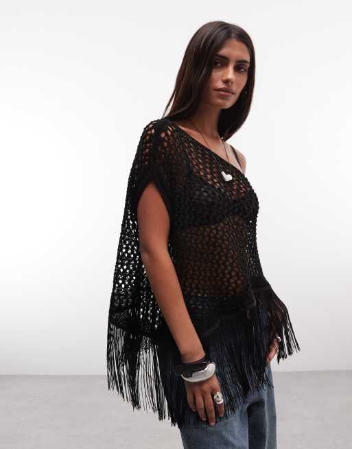 Reclaimed Vintage poncho crochet avec détail à franges en noir