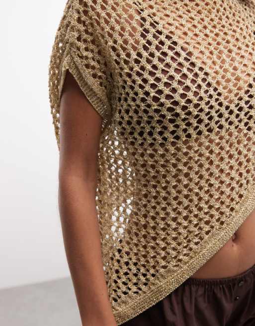 Reclaimed Vintage - Poncho en maille crochetée effet métallisé - Doré, 3 de 4