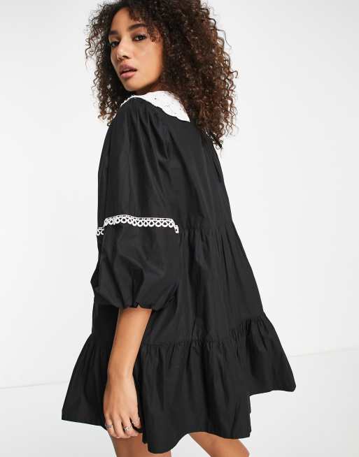 Reclaimed Vintage poplin smock dress with contrast collar in black