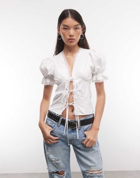 Reclaimed vintage poplin tie front top in ecru - view 1