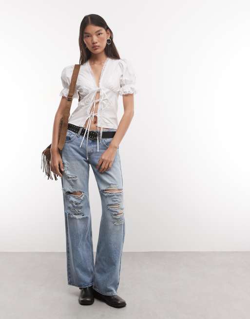 Reclaimed vintage poplin tie front top in ecru, 2 of 4