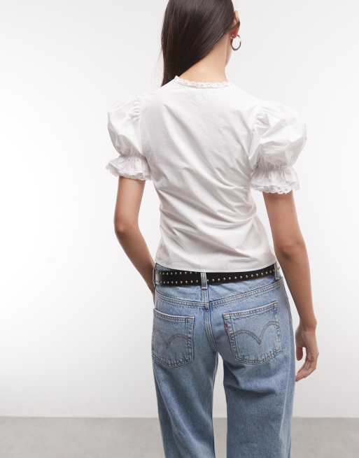Reclaimed vintage poplin tie front top in ecru, 4 of 4