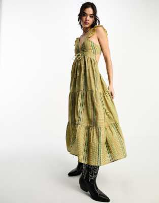 Reclaimed Vintage Prairie Midi Dress In Blurred Green And Brown Stripe-multi