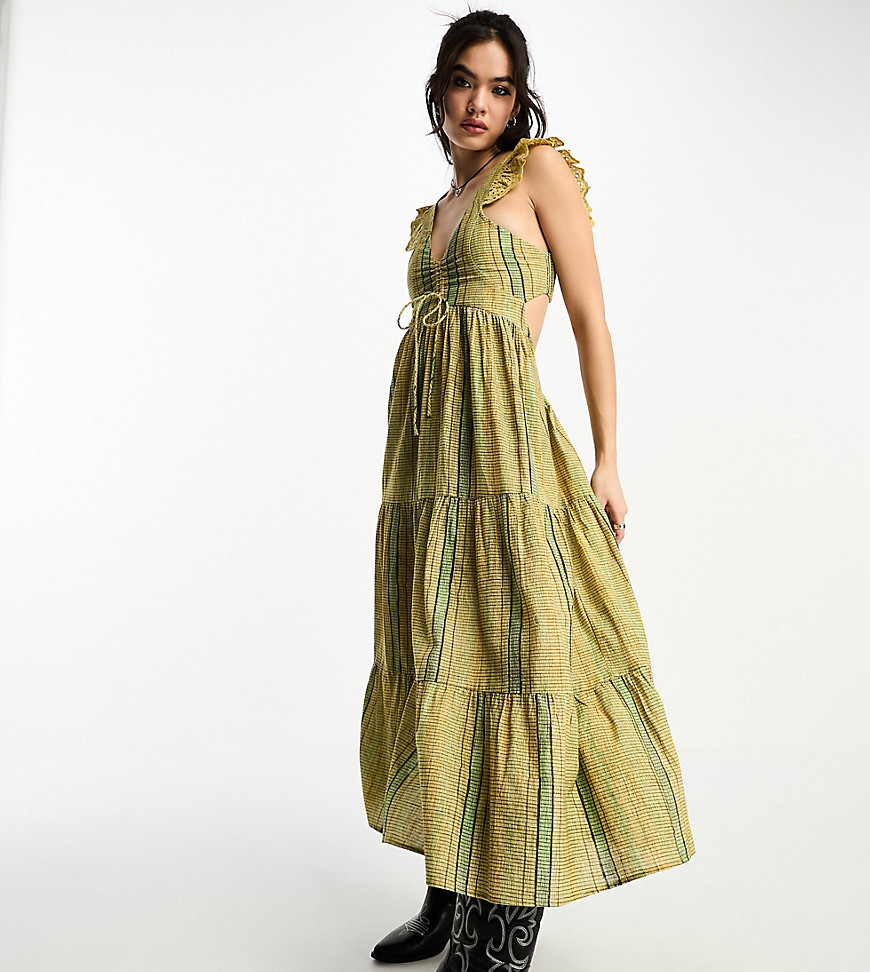 Reclaimed Vintage prairie midi dress in blurred green and brown stripe-Multi