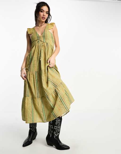 Reclaimed Vintage prairie midi dress in blurred green and brown stripe