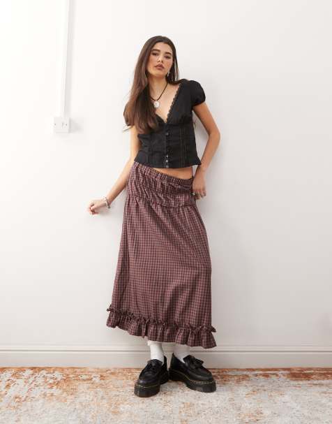 Reclaimed Vintage prairie midi skirt with frill hem and shirring in burgundy check - view 1