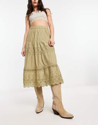 Reclaimed Vintage prairie skirt in khaki eyelet-Green