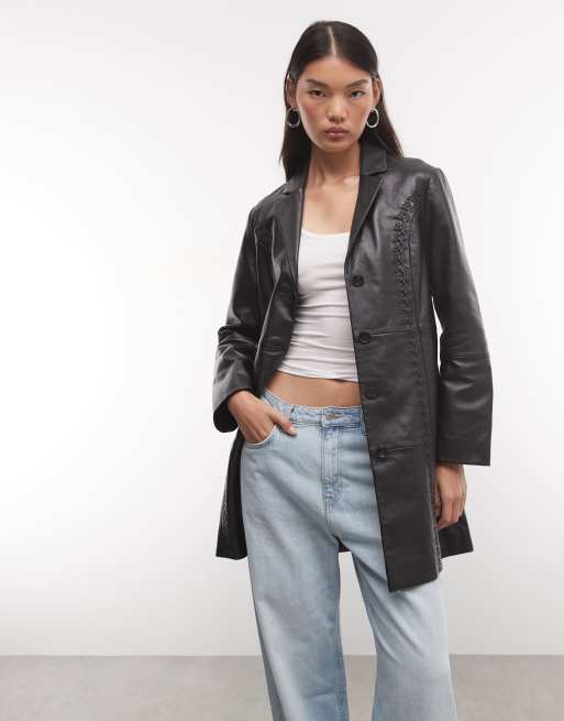 Reclaimed Vintage Premium real leather jacket with plait detail in black, 1 of 4