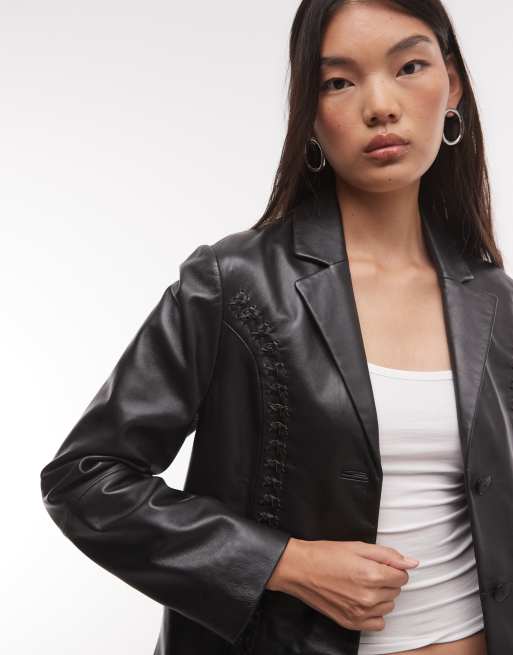Reclaimed Vintage Premium real leather jacket with plait detail in black, 3 of 4