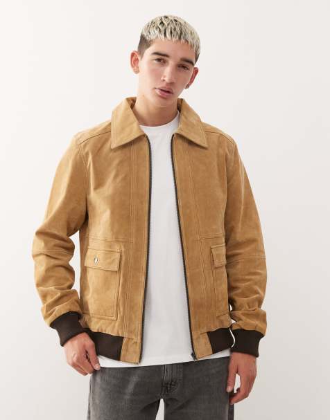 Reclaimed Vintage premium real suede bomber jacket in tan with contrast binding - view 1
