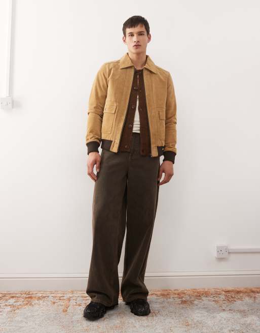 Reclaimed Vintage premium real suede bomber jacket in tan with contrast binding , 2 of 5
