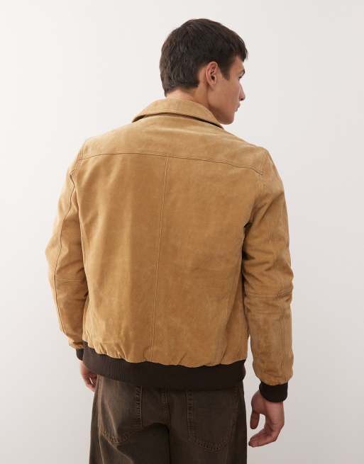 Reclaimed Vintage premium real suede bomber jacket in tan with contrast binding , 3 of 5