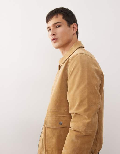 Reclaimed Vintage premium real suede bomber jacket in tan with contrast binding , 4 of 5