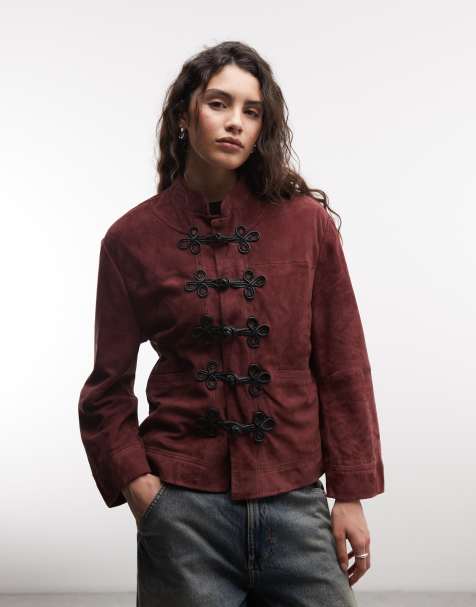 Reclaimed Vintage Premium real suede funnel neck with frogging detail in deep raspberry - view 1