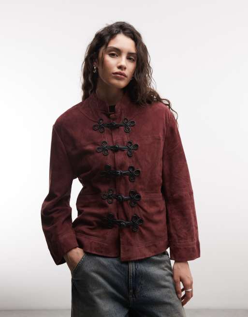 Reclaimed Vintage Premium real suede funnel neck with frogging detail in deep raspberry, 1 of 4