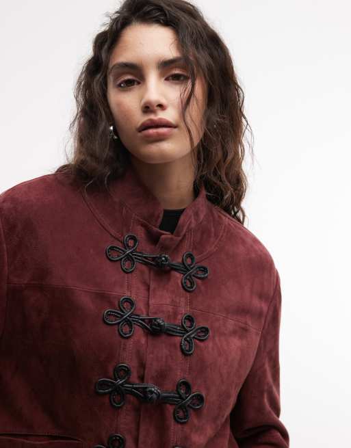 Reclaimed Vintage Premium real suede funnel neck with frogging detail in deep raspberry, 2 of 4