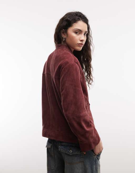 Reclaimed Vintage Premium real suede funnel neck with frogging detail in deep raspberry, 3 of 4
