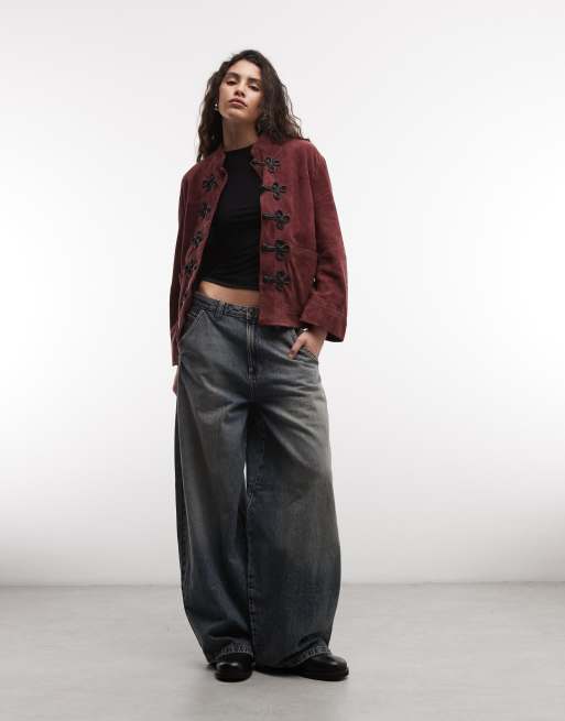 Reclaimed Vintage Premium real suede funnel neck with frogging detail in deep raspberry, 4 of 4