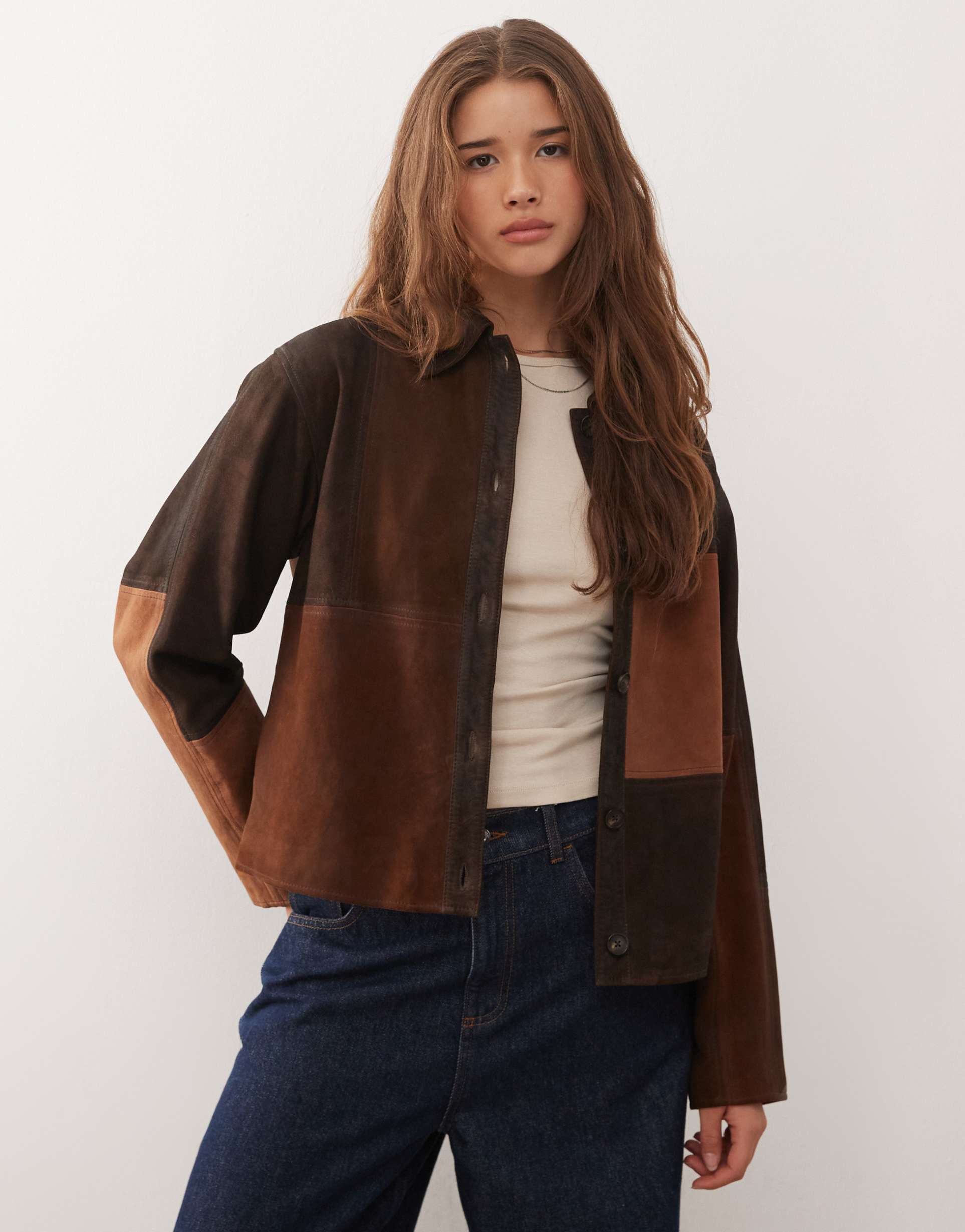 reclaimed vintage premium real suede mixed contrast patchwork panel jacket in tan
