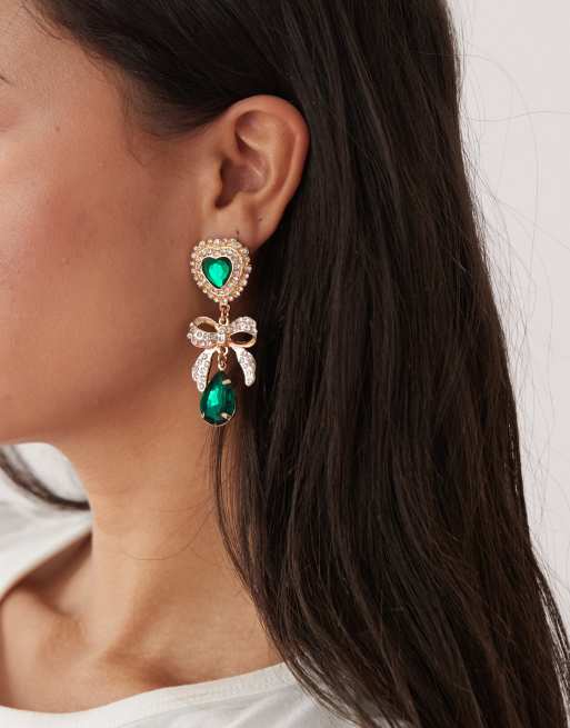 Reclaimed Vintage pretty bow drop earrings with green stones in gold