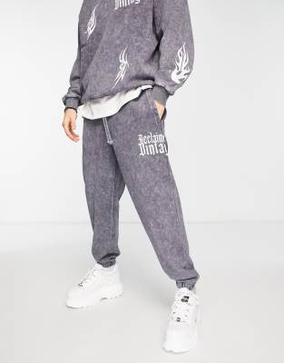Reclaimed Vintage printed flame placement print joggers co-ord in grey