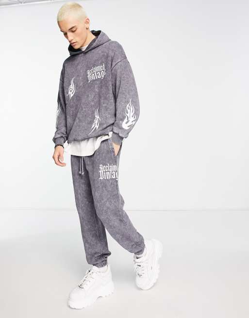 Reclaimed Vintage printed flame placement print joggers co ord in grey ASOS