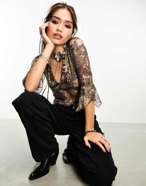 Reclaimed Vintage printed lace top with waterfall sleeves