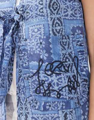 Reclaimed Vintage Printed Tie Front Quilted Vest-blue In Blue