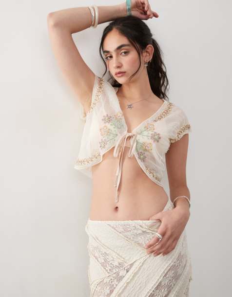 Reclaimed Vintage sheer tie front beach top with sequins and embroidery