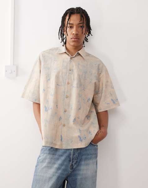 Reclaimed Vintage short sleeve boxy shirt with blue floral print detail in linen look