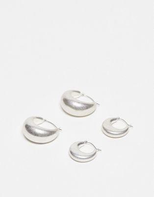 Reclaimed Vintage puff hoop earring pack in frosted silver