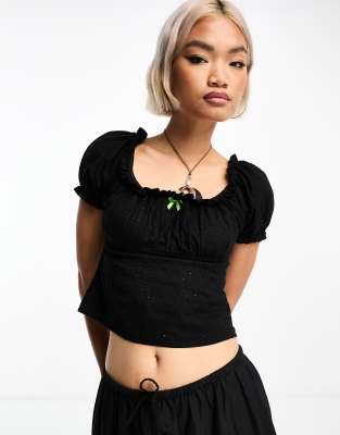 Reclaimed Vintage Puff Sleeve Prairie Top-black