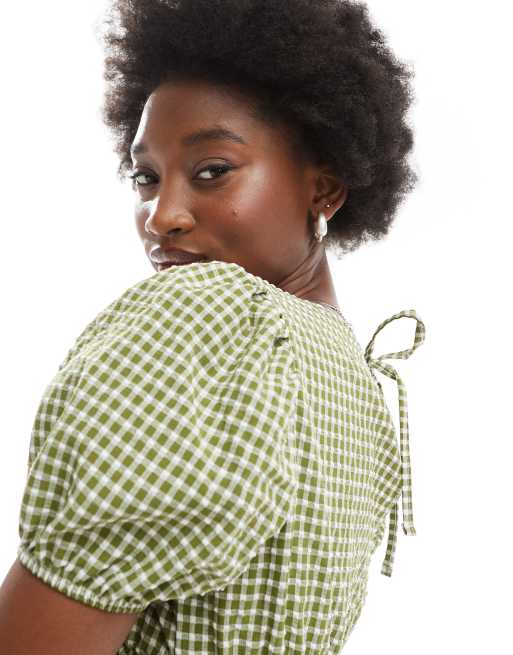 Reclaimed Vintage puff sleeve top co-ord in green gingham, 2 of 4