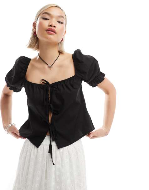 Reclaimed Vintage puff sleeve top with tie front in black - view 1