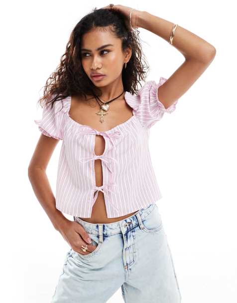 Reclaimed Vintage puff sleeve top with tie front in summer stripe - view 1