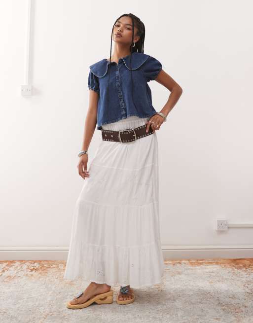 Reclaimed Vintage puffball sleeve peter pan collar blouse in denim