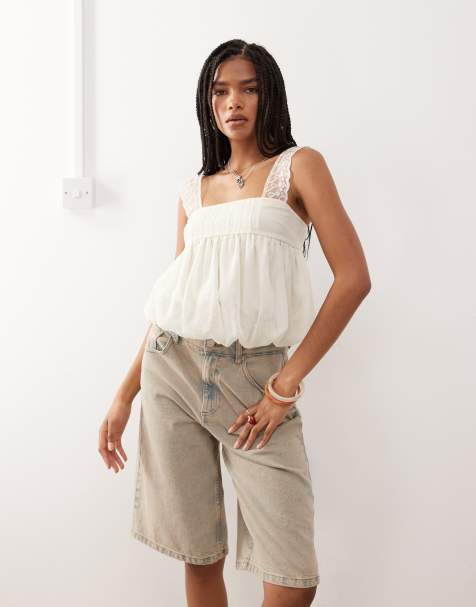Reclaimed Vintage puffball top with lace shoulder detail in pale mint green - view 1