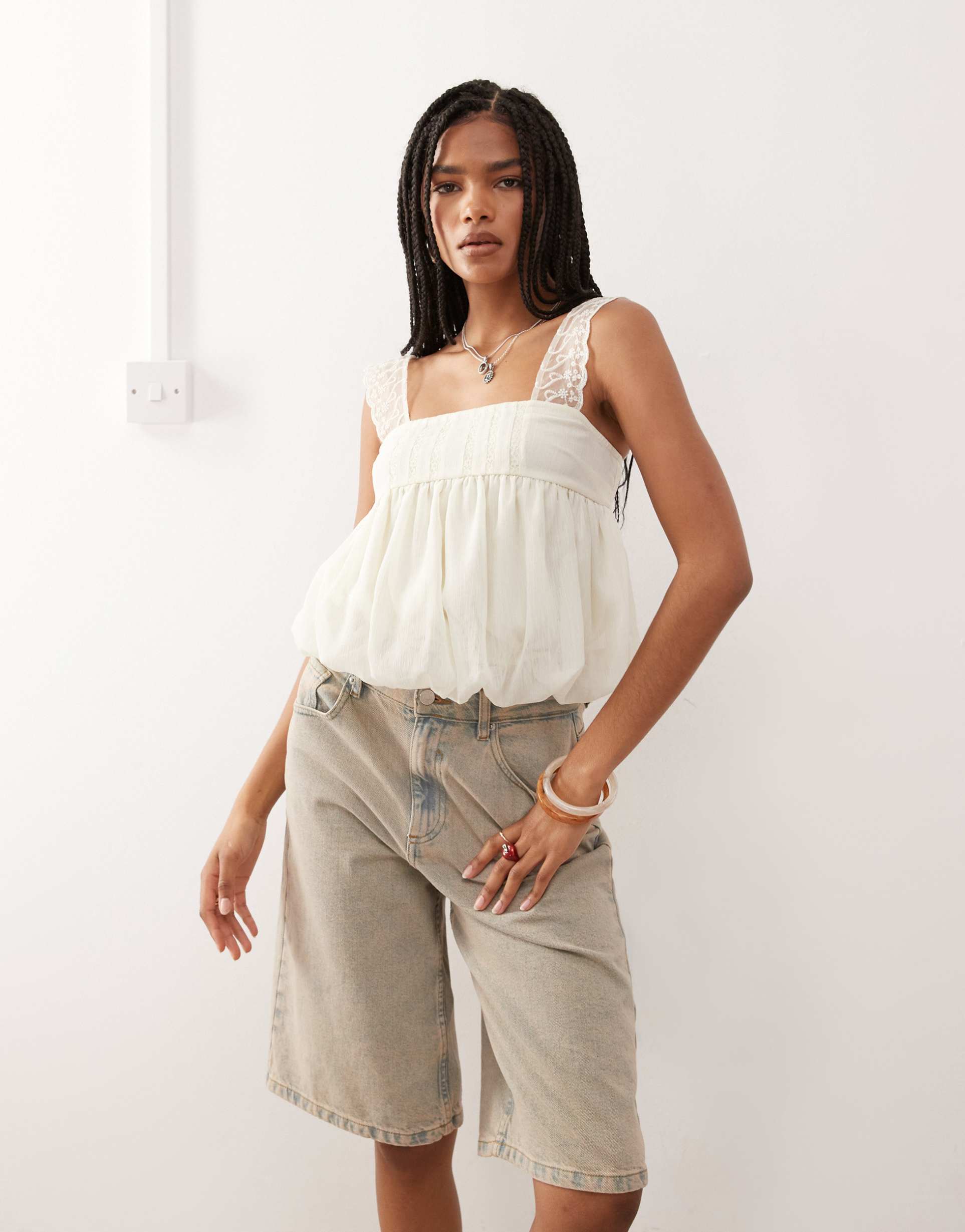 reclaimed vintage puffball top with lace shoulder detail in pale mint green