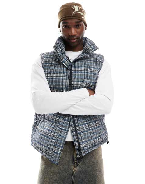 Reclaimed Vintage puffer gilet in check print - view 1
