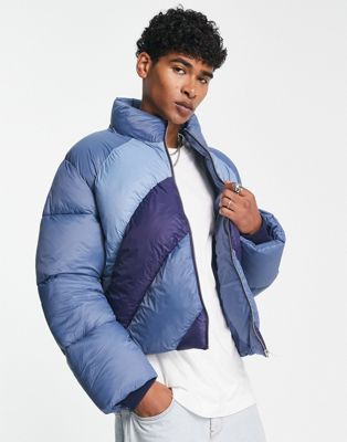 Reclaimed Vintage puffer jacket in colourblock blue
